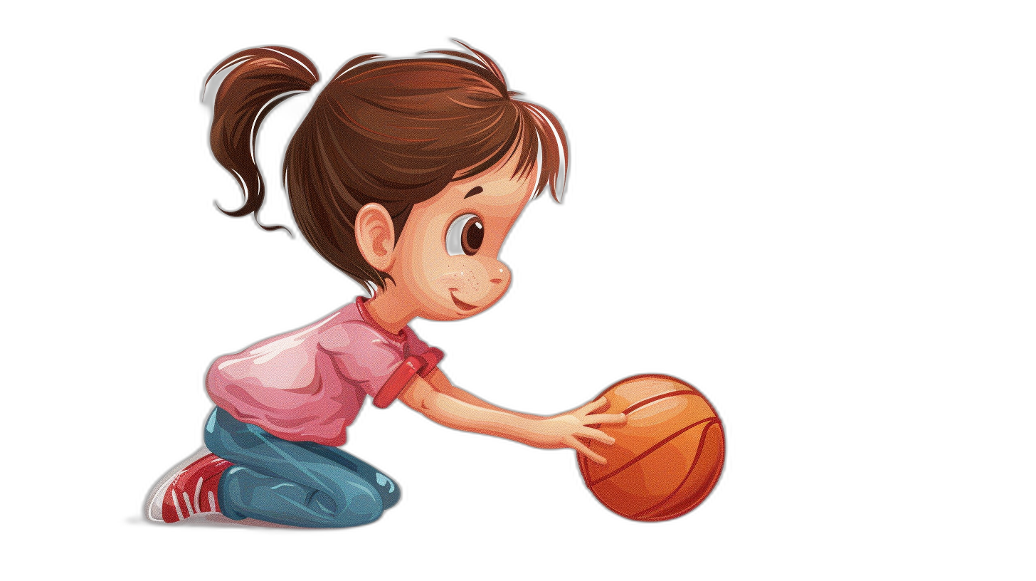 A little girl playing basketball, cartoon style, simple lines, vector illustration, black background, cute face, side view. She is kneeling on the ground and holding an orange ball with both hands, wearing pink short sleeves and blue pants underneath. Her hair was tied in two ponytails.,in  of red shirt and jeans , high resolution