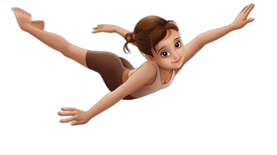 Cartoon of a brown-haired girl doing gymnastics against a black background, in the style of Disney Pixar.