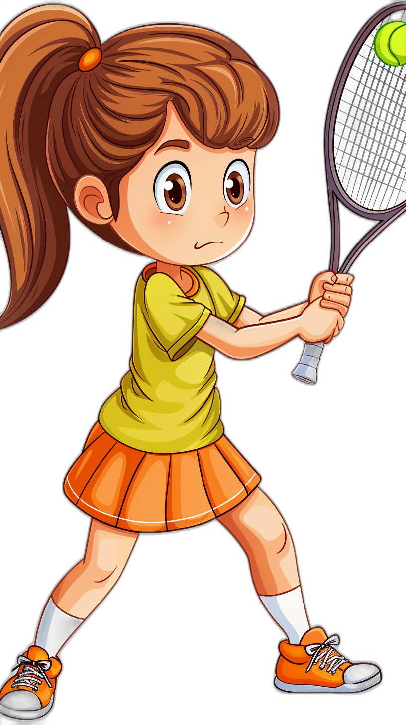 Cute cartoon girl playing tennis, vector illustration for a t-shirt design, no background, sticker style, high resolution, clear and sharp, no shadows, cute eyes with long lashes, short brown hair in a ponytail hairstyle, wearing a yellow shirt and orange skirt, holding a racket and hitting a ball, white socks, black shoes, flat colors without shading, bright colors. Black isolated background. Full body shot. No text or logo on the picture, in the style of a cartoon.