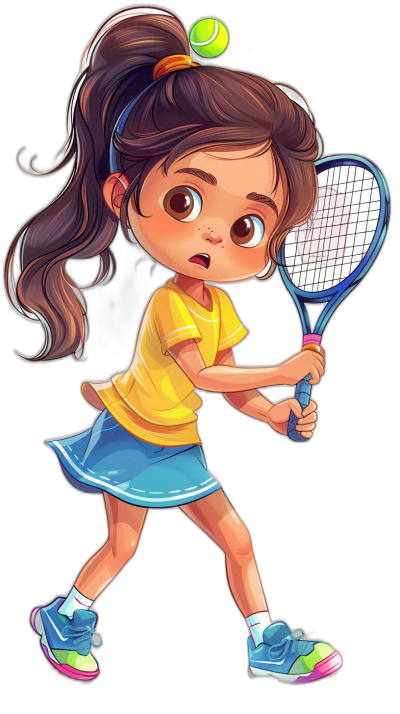 A cute little girl playing tennis in the style of a cartoon, shown in a full body shot, wearing a yellow t-shirt and blue skirt with green shoes, with big eyes, long brown hair in a ponytail hairstyle, holding a racket and hitting the ball on a black background, with a chibi character design, colorful, vector art illustration with bold lines and vibrant colors, a flat color, full-body portrait, high resolution, high detail, high quality, high definition, with sharp focus.