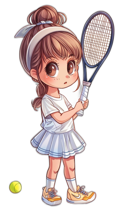 A cute little girl playing tennis, wearing a white headband and skirt with light blue stripes on the side of her dress, holding a racket in her right hand, big eyes, in a chibi style, vector illustration, black background, full body shot, wearing sneakers on her feet. She has brown hair styled into a high ponytail, white skin tone, with a yellow ball beside her.