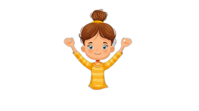 A cute little girl, hands raised in the air, wearing a yellow and white striped shirt with brown hair in buns on her head, in a simple vector illustration style on a black background with a cartoon character design in the style of Disney Pixar animation at a high resolution.