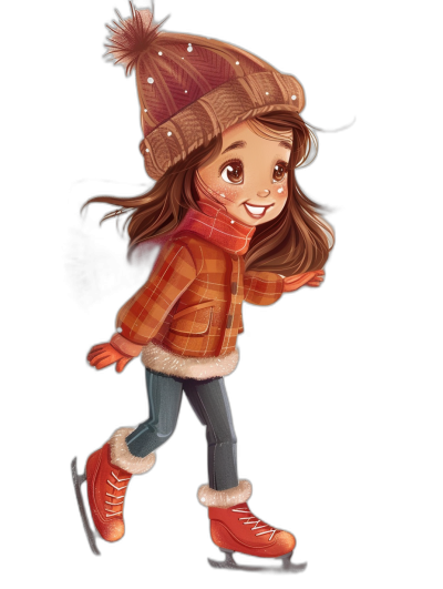 A cute little girl ice skating, wearing winter  and hat, smiling with brown hair, in a flat illustration style with a black background. This 2D vector art design is a full body portrait with no shadows and high resolution. She is dressed in an orange plaid jacket and white jeans, with red boots on her feet. Her face has big eyes and an adorable smile, capturing the joy of figure skating during cold weather in the style of a cartoon.