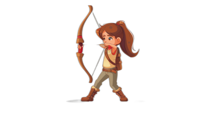 A cartoon-style archer character, designed in the style of Pixar or Disney animation, holding an arrow with a bow on a black background. The focus is on her vibrant expression as she strikes at something far away. She has brown hair tied into pigtails, wearing casual  with a white top and dark pants. Her posture showcases both confidence and skill as if ready to shoot. This scene captures a cheerful demeanor while engaging in archery.