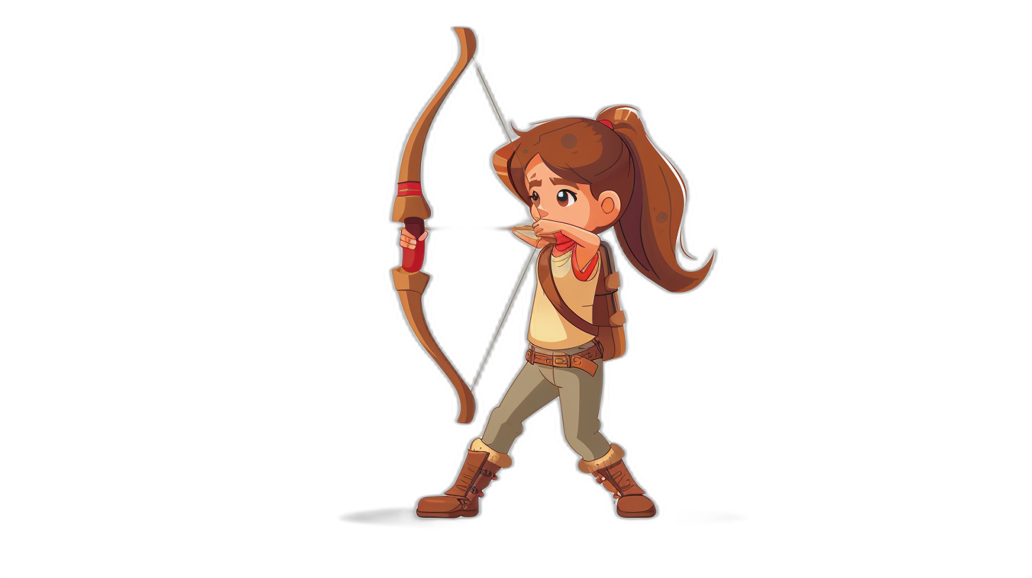 A cartoon-style archer character, designed in the style of Pixar or Disney animation, holding an arrow with a bow on a black background. The focus is on her vibrant expression as she strikes at something far away. She has brown hair tied into pigtails, wearing casual  with a white top and dark pants. Her posture showcases both confidence and skill as if ready to shoot. This scene captures a cheerful demeanor while engaging in archery.