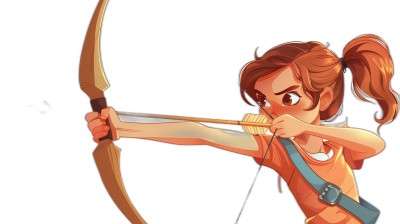 A cartoon illustration of an archer girl with her bow drawn back, ready to shoot arrows at the target in front of her. She has brown hair tied into pigtails and is wearing orange shorts and a blue vest. Black background. In the style of Disney. In the style of Pixar.