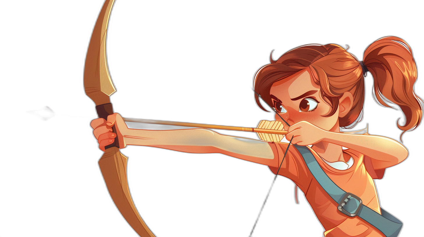 A cartoon illustration of an archer girl with her bow drawn back, ready to shoot arrows at the target in front of her. She has brown hair tied into pigtails and is wearing orange shorts and a blue vest. Black background. In the style of Disney. In the style of Pixar.