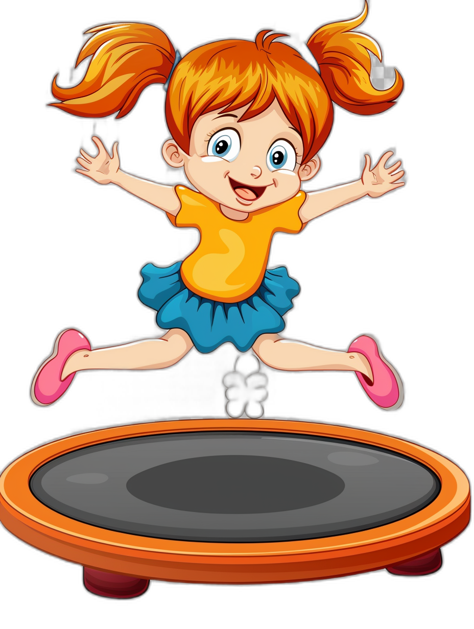 A cute cartoon girl jumping on a trampoline in the style of clip art, isolated against a black background.