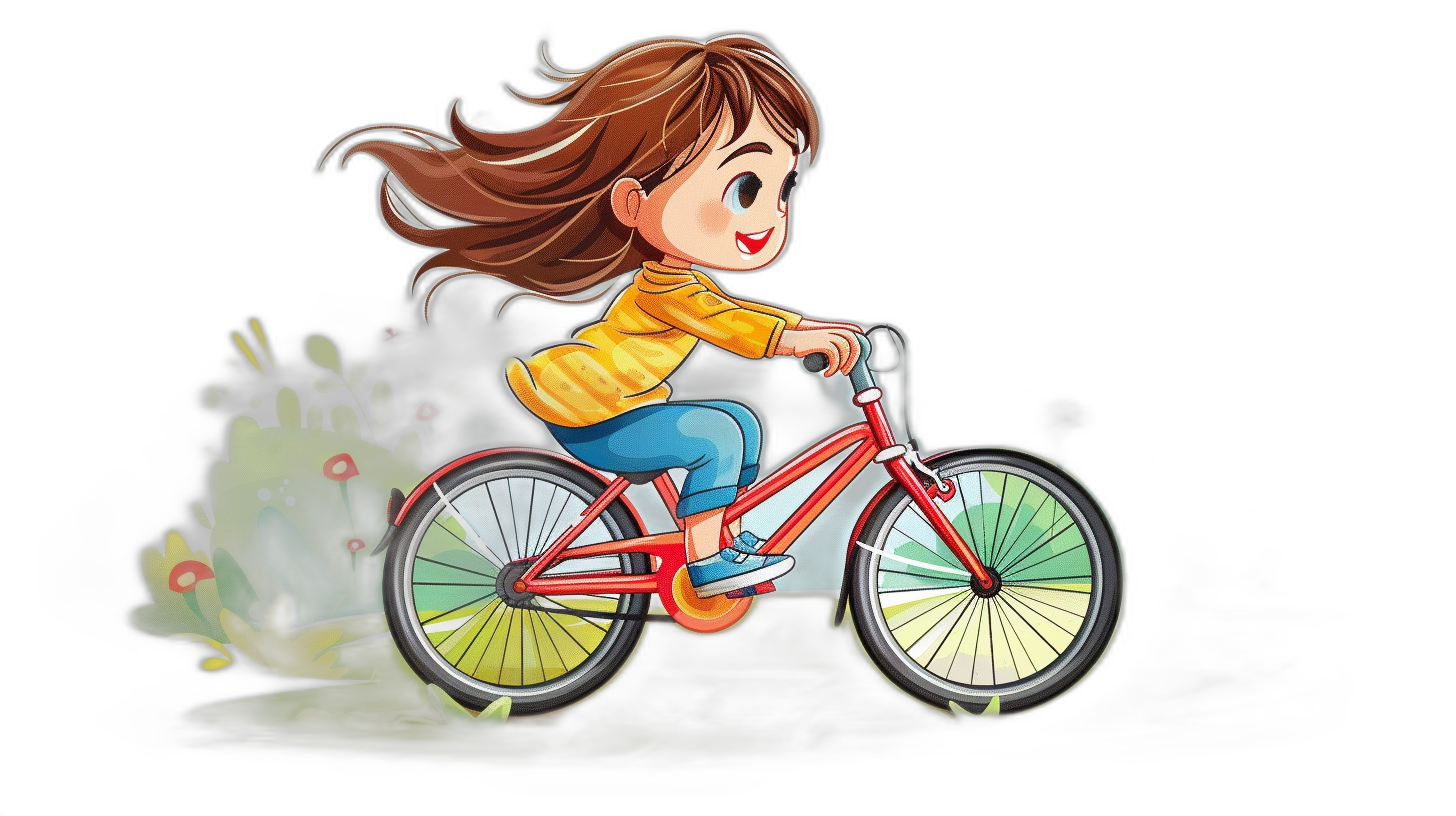 A cute girl riding her bike in the style of cartoon, black background, colorful cartoon illustration in the style of Disney animation, high resolution