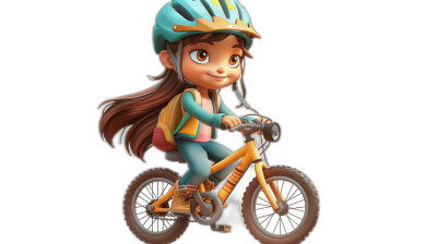 A cute girl riding her bike, wearing a helmet and backpack, in a full body shot, with simple facial expressions, against a black background, in the style of Pixar, with a chibi character design, in full color, with high resolution, as a 3D rendering, with a clay material, featuring cute cartoonish designs, using simple colors, like 2D game art, with studio lighting, featuring high detail, high quality, high definition, high resolution.