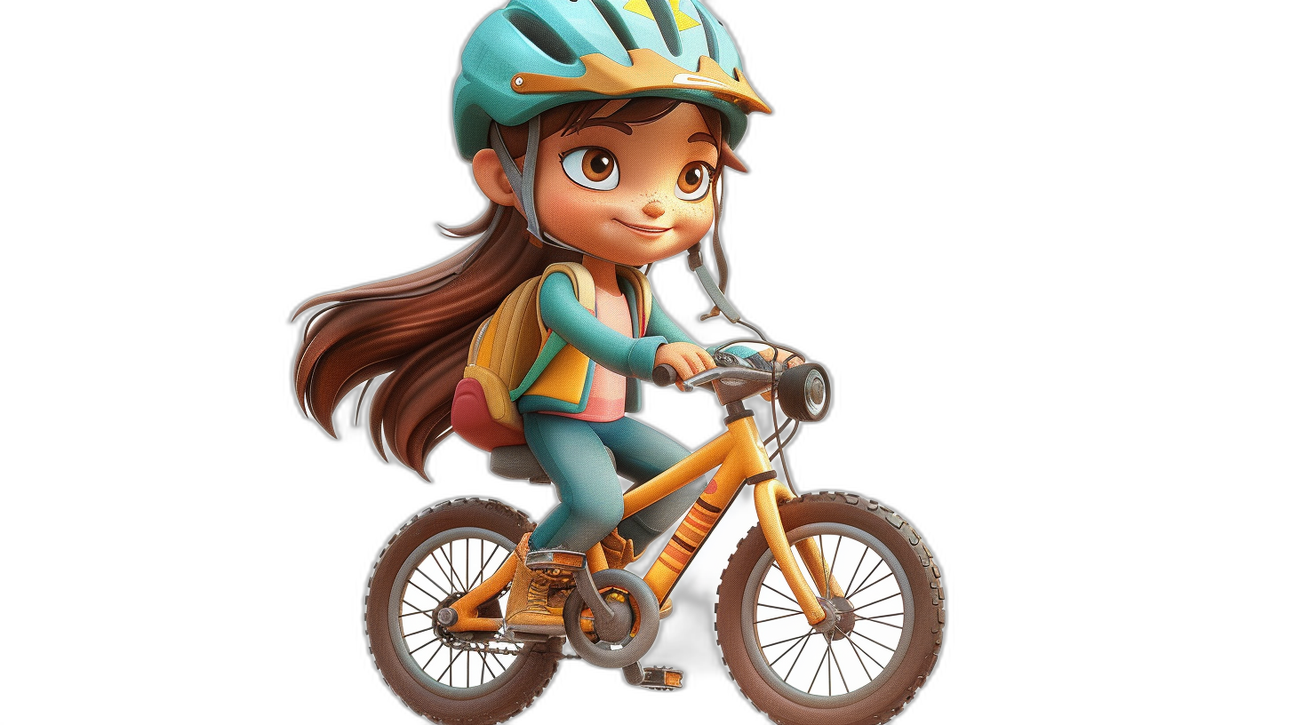 A cute girl riding her bike, wearing a helmet and backpack, in a full body shot, with simple facial expressions, against a black background, in the style of Pixar, with a chibi character design, in full color, with high resolution, as a 3D rendering, with a clay material, featuring cute cartoonish designs, using simple colors, like 2D game art, with studio lighting, featuring high detail, high quality, high definition, high resolution.