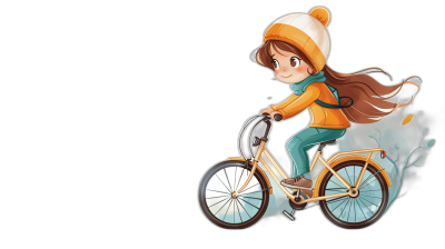 chibi style, cute girl riding bike , black background, smoke coming from back wheel of the bicycle, girl wearing orange jacket and green pants with white hat on head