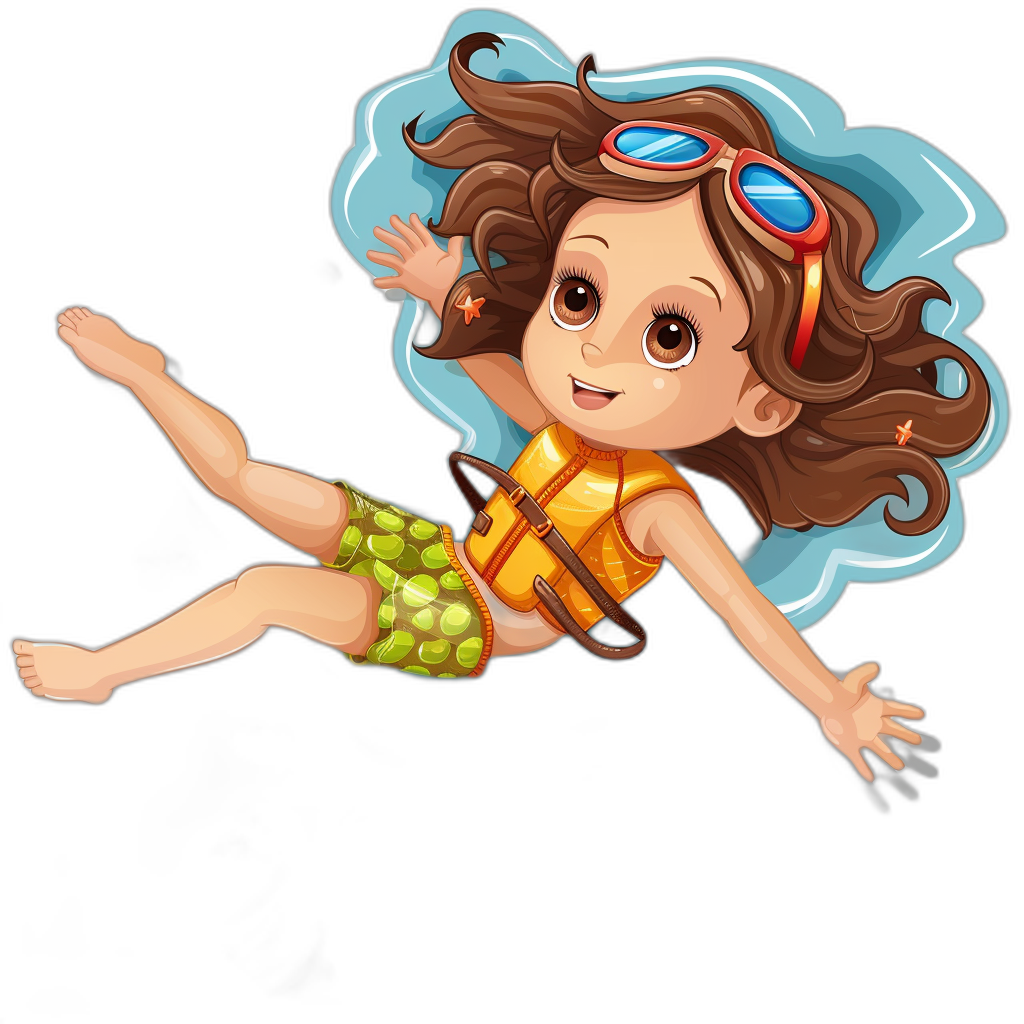 A cute little girl is diving in the cartoon style, vector illustration with a black background and colorful . She has brown hair and is wearing green short pants, a yellow life jacket and blue goggles on her head, flying in the air with simple lines and high quality without shadows. Her face was smiling happily as she crouched down to look at something below in the style of .