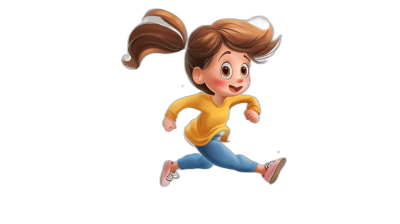 A cute little girl is running in the style of Pixar, with a full body shot against a black background. She has brown hair in pigtails and wears blue jeans and pink shoes. Her face was smiling happily as she gracefully ran forward. The illustration of the character should have soft lighting effects and shadows on her head to highlight its cartoon features.