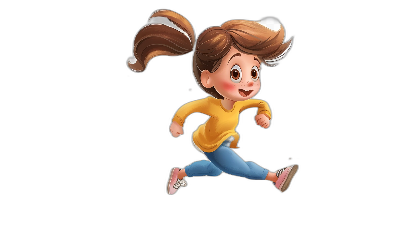 A cute little girl is running in the style of Pixar, with a full body shot against a black background. She has brown hair in pigtails and wears blue jeans and pink shoes. Her face was smiling happily as she gracefully ran forward. The illustration of the character should have soft lighting effects and shadows on her head to highlight its cartoon features.