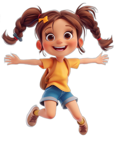 A cute girl with pigtails is jumping in the air with a happy expression. The design is in the style of a Pixar cartoon character against a black background. She is wearing a yellow t-shirt, blue shorts, and brown shoes with big eyes and high definition details.