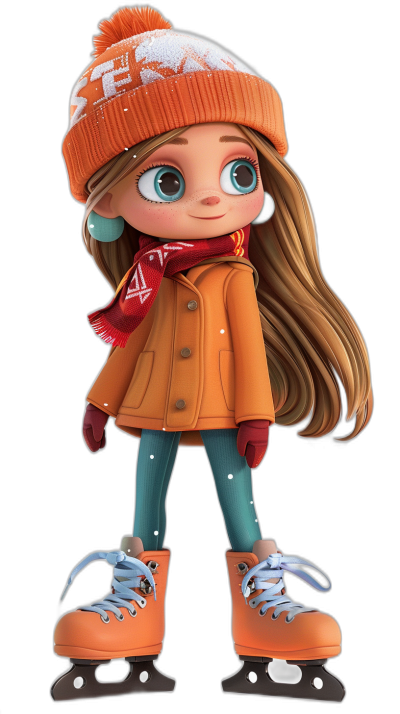 A cute girl in an orange coat, with long brown hair and blue eyes is ice skating wearing a hat with a scarf on a black background. In the style of Disney Pixar, this is a digital art piece featuring a cute and adorable character design for a casual game. It shows a full body character design with a bright color palette, soft lighting, and a full-body shot. The 3D rendering is done in a cartoon style suitable for casual mobile games, with a bright color scheme.