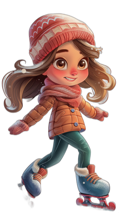 Cartoon girl skating, wearing winter  and hat, cute style, black background, 2D game art style, Disney Pixar animation style character design, colorful cartoon characters, light brown hair color, cute expressions, full body shot, cartoon style characters. She is smiling happily while ice-skating. The little girl has long wavy curly hair with bangs and wears pink gloves on her hands. Her outfit includes green pants, white socks underneath the boots, red shoes, scarf and coat in the style of Disney Pixar.