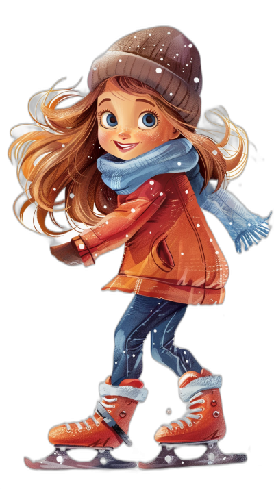 A cute girl is ice skating in the style of cartoon style against a black background. She is wearing winter  and shoes, gloves, with a full body portrait. She has long hair, big eyes, and is smiling. The illustration is in the style of Disney Pixar with a digital painting that is high resolution, high detail, and high quality.