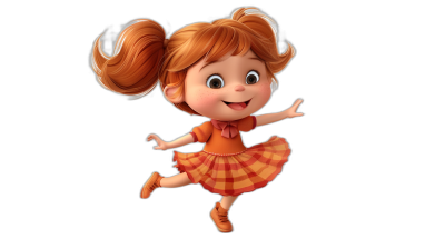 Cute little girl character, with red hair in pigtails, wearing an orange dress with a checkered pattern on the skirt, in a jumping pose, with a smiling face, as a full body, on a black background, in the style of Pixar cartoons, in the style of Disney cartoons, as a 3D render, with high resolution.