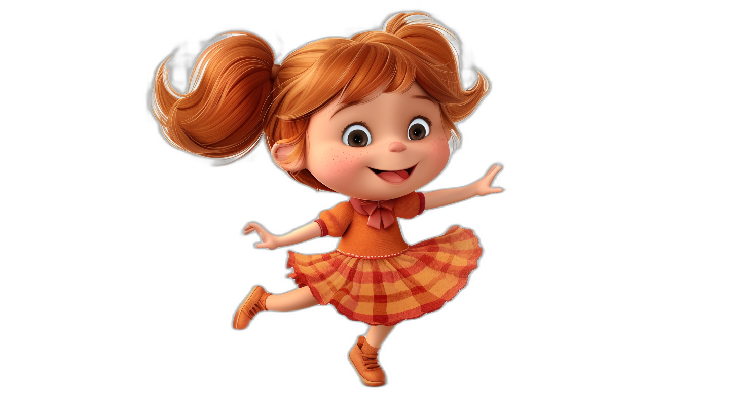 Cute little girl character, with red hair in pigtails, wearing an orange dress with a checkered pattern on the skirt, in a jumping pose, with a smiling face, as a full body, on a black background, in the style of Pixar cartoons, in the style of Disney cartoons, as a 3D render, with high resolution.