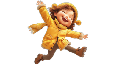 A cute little girl wearing yellow , smiling and jumping up with joy on her face. She is dressed in fashionable children's , adorned with fur hats and coats. Her hair is neatly styled into short brown curls that flow gently as she jumps around playfully. The background of the scene should be pure black to highlight her vibrant colors and create an adorable illustration in the style of Pixar, focusing on her face.