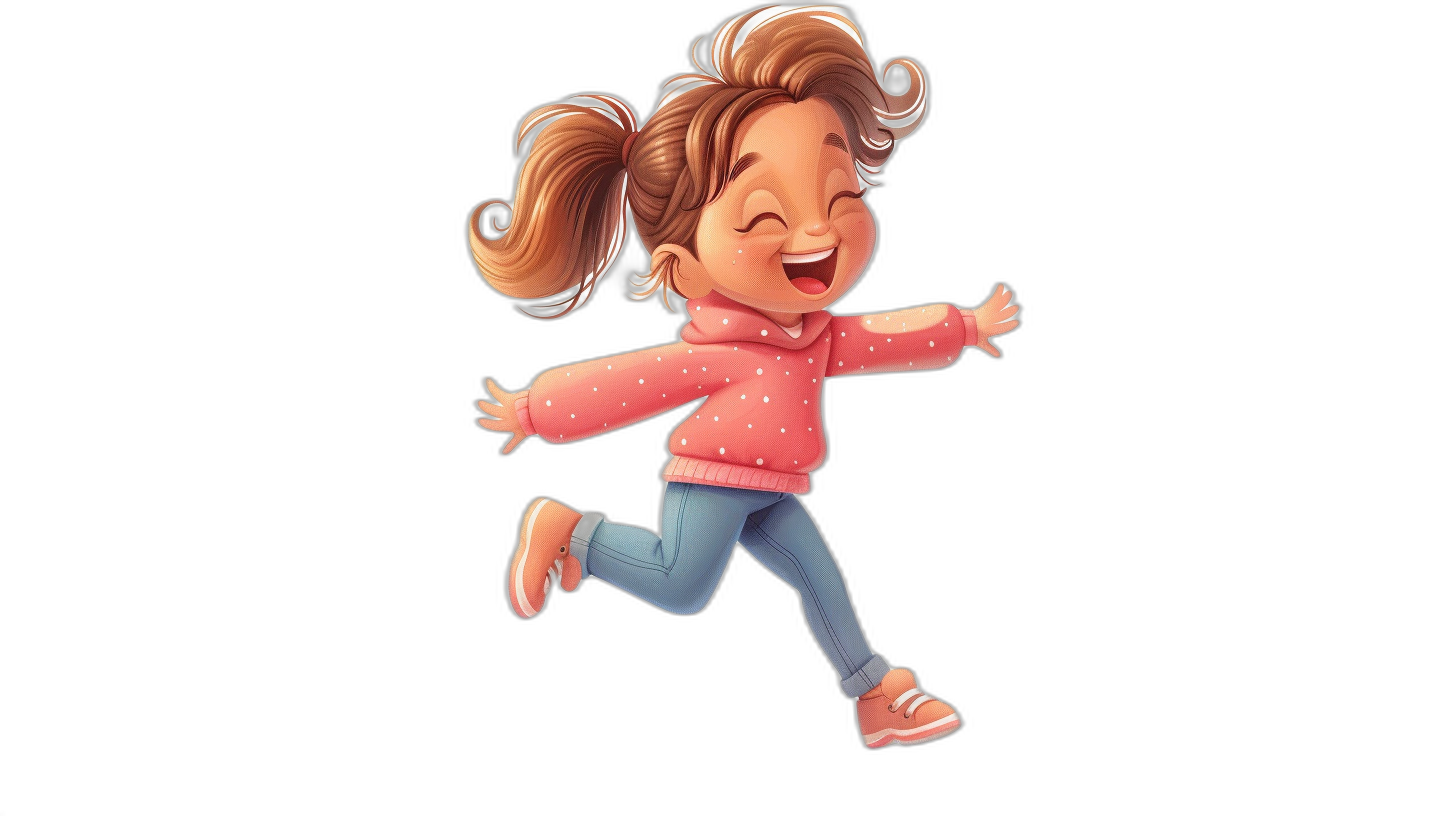 A cute little girl, jumping up and laughing happily with her hair tied in two pigtails wearing a pink sweater and blue jeans on a black background. The character design has a Pixar style sheet with a Disney cartoon illustration style. It is a simple line drawing, full body portrait that is full of energy. The high resolution Disney-style 2D animation artwork has high detail and high quality, in the style of Disney.