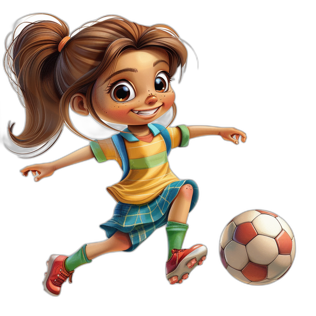 A cute little girl playing soccer in the cartoon style and in the style of Disney Pixar, on a black background, wearing a yellow and blue striped skirt with green socks and red shoes, with brown hair in a ponytail, big eyes, and a smiling face expression, kicking the ball, with white hands holding a small toy football, in the style of Pixar illustration, of high quality and high resolution, with a cartoon character design.