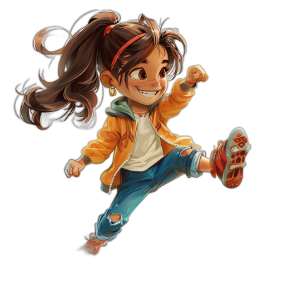 A little girl with brown hair in pigtails, wearing jeans and an orange jacket is jumping on one leg, smiling, Pixar style character design, black background, full body