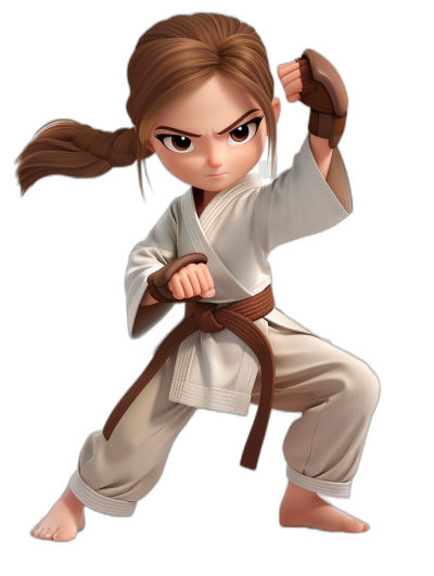 cartoon girl in a karate outfit doing a kick, full body, with white and brown hair braided, black background, in the style of Pixar