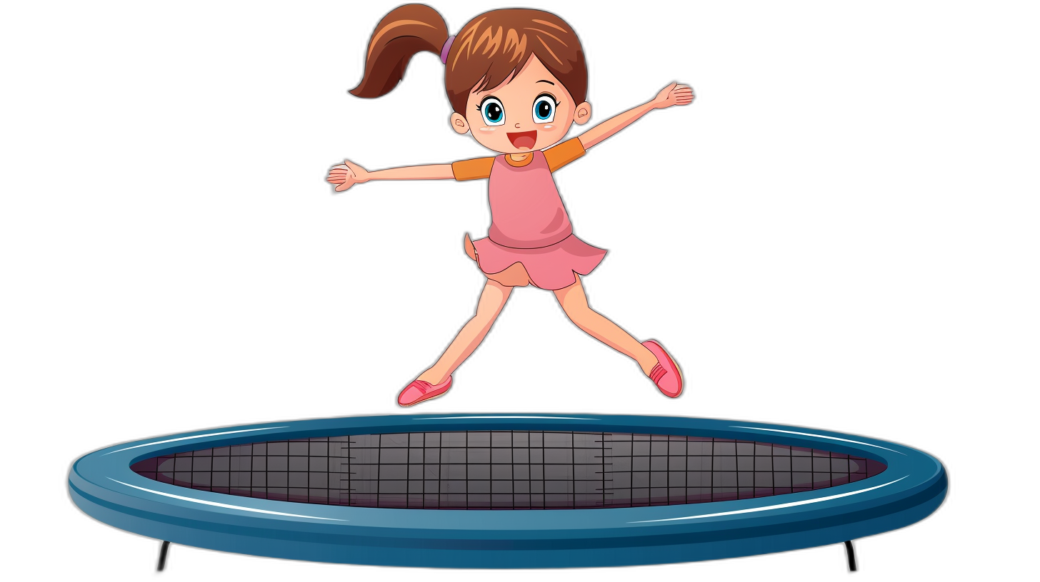 cartoon girl jumping on a trampoline, vector illustration, black background, cute cartoon style, simple design, without shadowing, without gradient shading, high resolution, minimal detail, high quality, without texture details, high definition, minimal detail