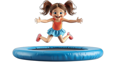 3D cartoon, happy little girl jumping on a blue trampoline, in the style of Pixar, adorable eyes, lovely, matte finishing, minimalistic, black background, octane render