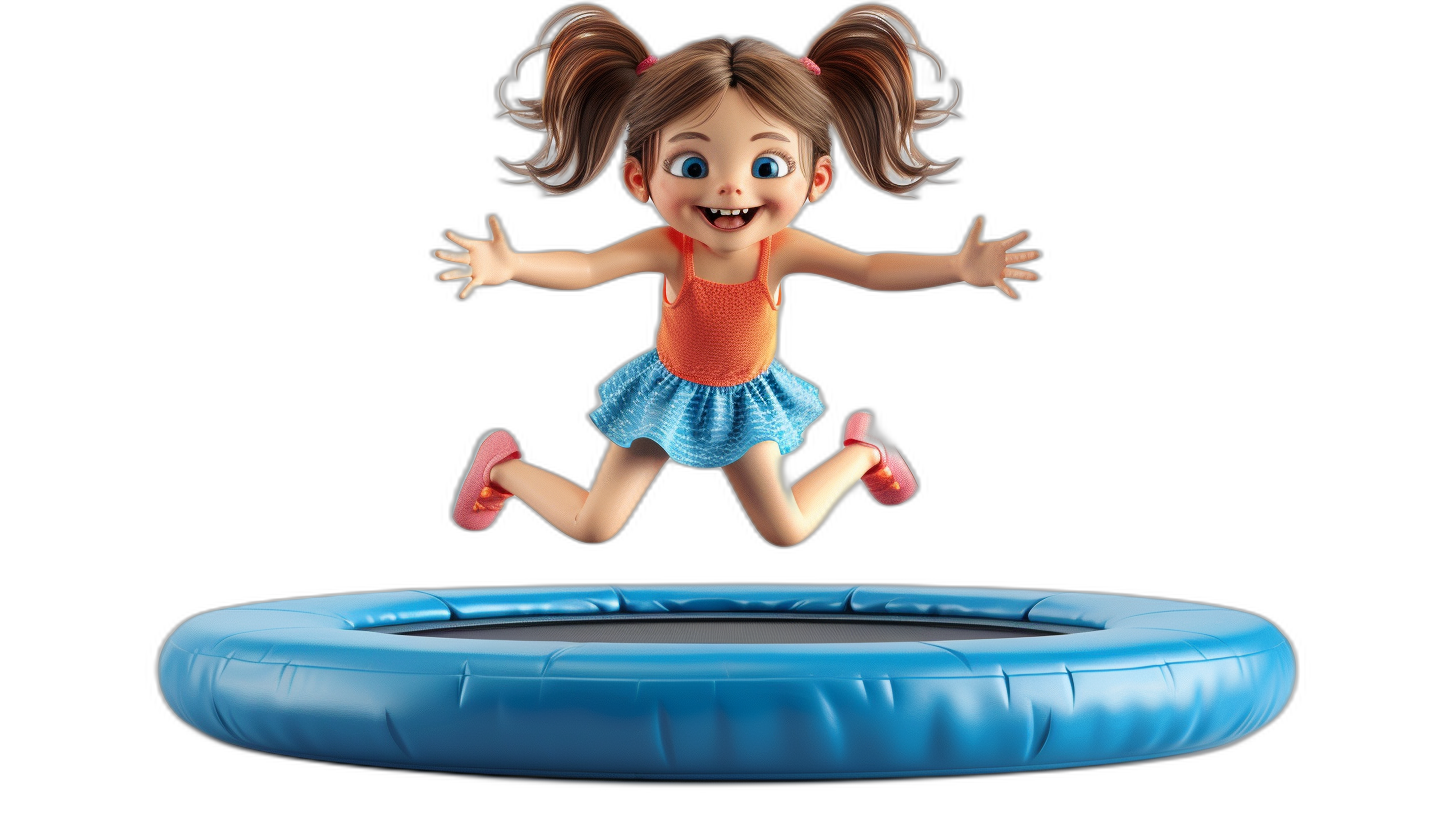 3D cartoon, happy little girl jumping on a blue trampoline, in the style of Pixar, adorable eyes, lovely, matte finishing, minimalistic, black background, octane render