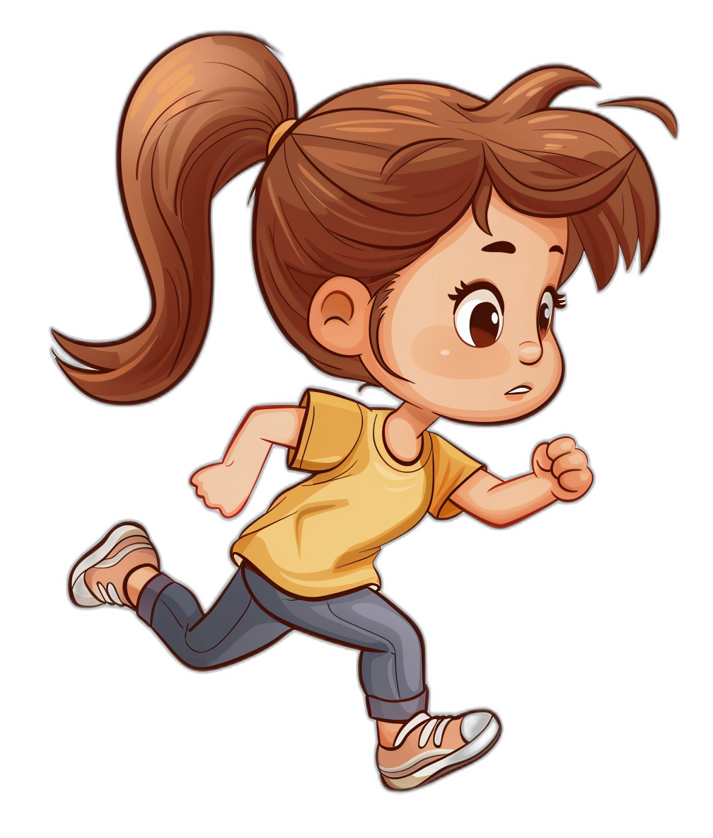 A cute cartoon girl with brown hair in pigtails is running. She is wearing jeans and a yellow t-shirt. The art is in the style of clip art on a black background.