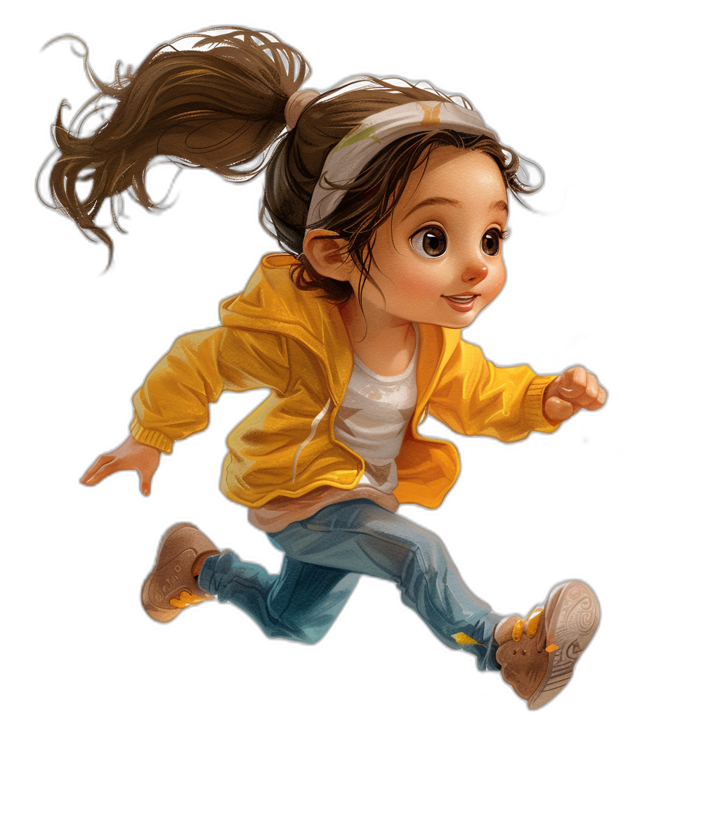 A cute little girl is running, wearing jeans and a yellow jacket with a white headband on her forehead. She has long brown hair in pigtails and big eyes. She is illustrated in the style of Pixar with a black background.