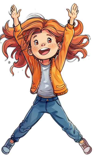 A cute happy girl with red hair in jeans and an orange jacket is jumping up, smiling. Comic book style illustration in the style of on black background.