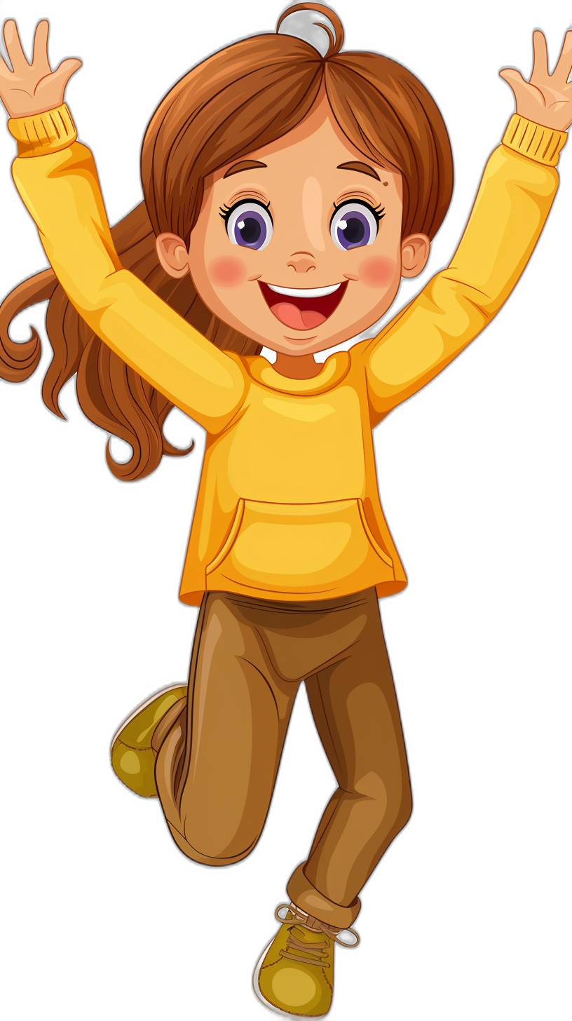 a cute happy cartoon girl with brown hair in yellow sweater and pants, clip art style, jumping up high on black background