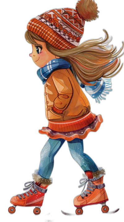 Cute girl on roller skates, wearing winter  and hat, in the style of a cartoon, full body shot, black background, flat illustration, children's book drawing style, bright colors, simple yet detailed, high resolution, high quality, high definition, sharp focus, high texture, high picture quality.