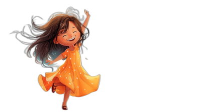 A cute little girl wearing an orange dress is jumping and smiling, with her hair flowing behind her in the wind. She has long brown wavy hair that flows gracefully around her face. The background of the illustration should be black to highlight the character. In the style of Pixar. In the style of Disney. A simple cartoon illustration with bright colors. Black Background. Full body portrait.