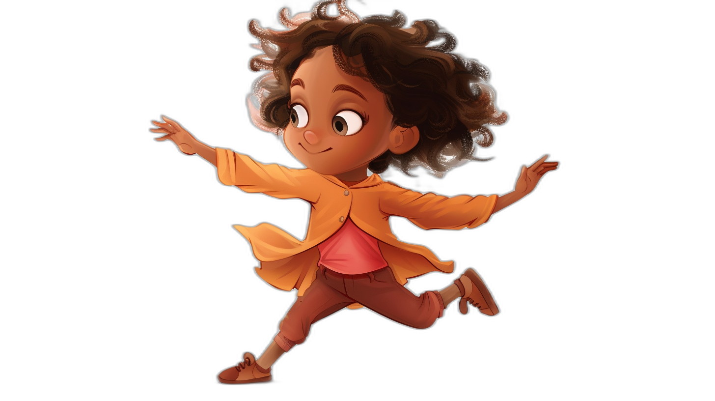 A cute little girl with brown skin and curly hair, wearing an orange jacket, is running happily in the air. A full body shot in the style of Pixar, with a black background, for character design and concept art.