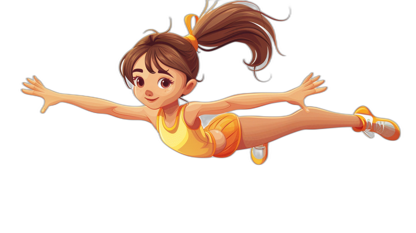 A little girl is flying in the air, wearing sportswear and smiling happily. The design has a Disney cartoon character style with a black background. The 2D art style is like a game with a cute Q-version illustration. The body posture is viewed from a 3/4 perspective with a close-up of her side face. She has brown hair tied into ponytails and is wearing yellow sports  and yellow sneakers on her feet. The artstyle is of animation fantasy in the style of fantasy art.