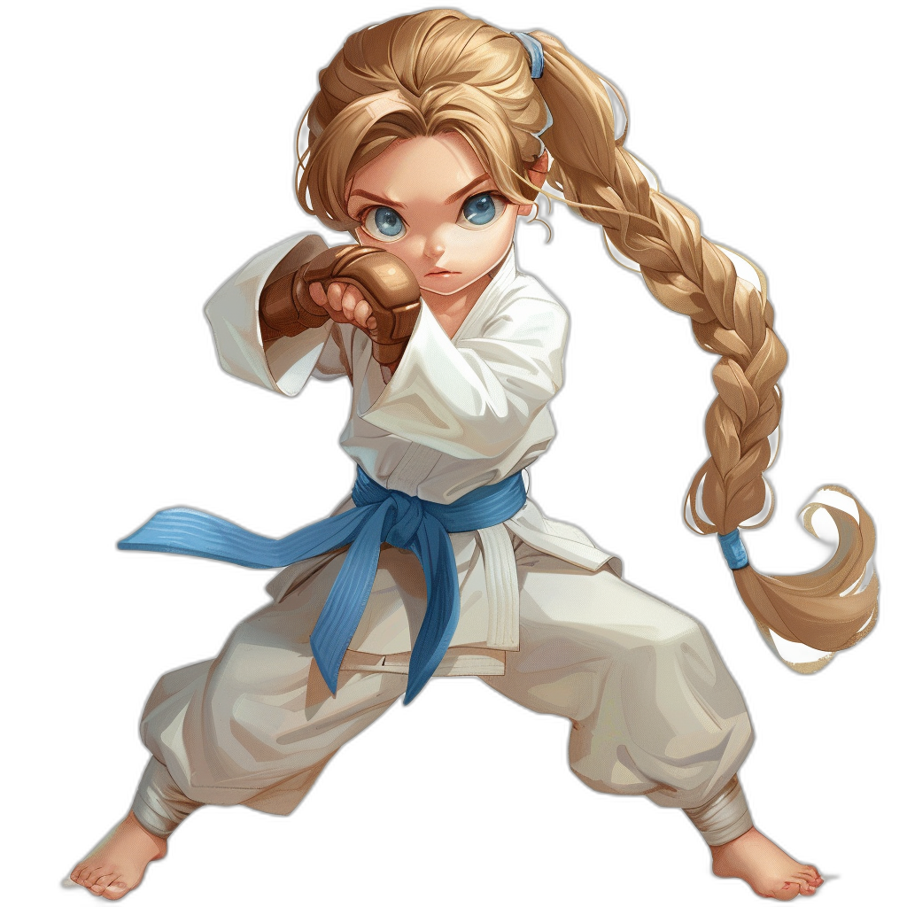 2d game art, young girl with blonde hair in braid and blue eyes wearing white karate outfit ready to fight pose, black background, full body