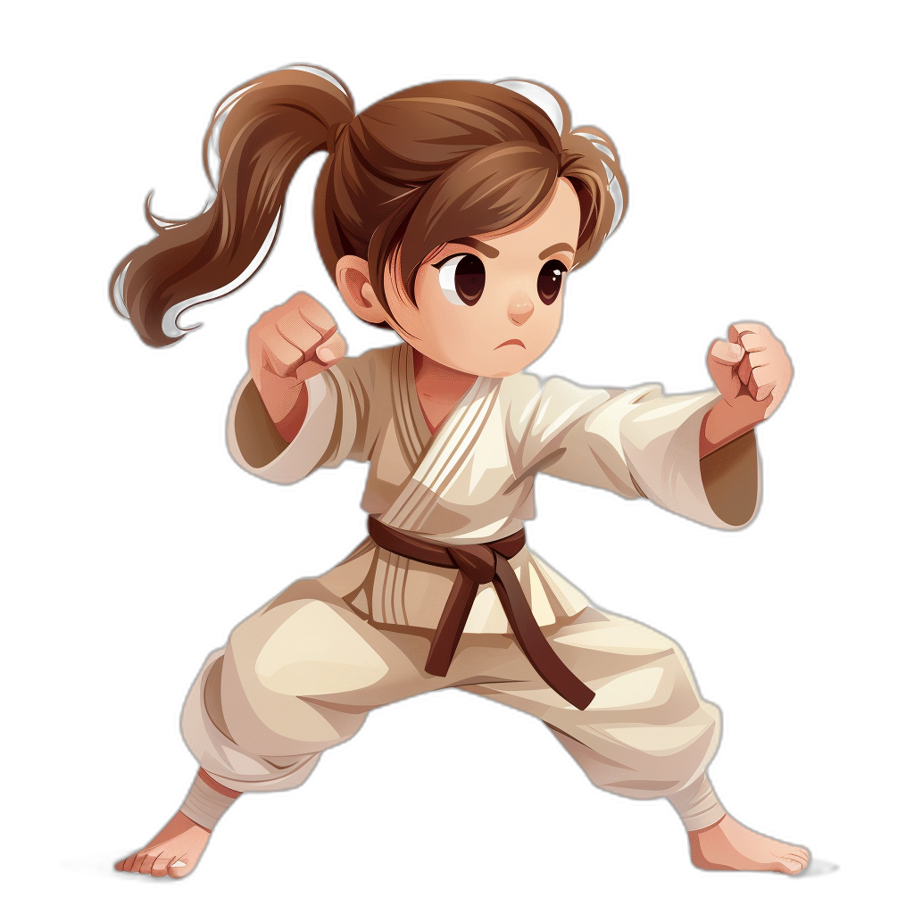 A young girl with brown hair in pigtails doing karate, wearing white and beige martial arts attire against a dark background, in the cute cartoon style.