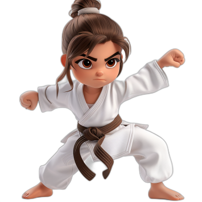 A little girl with brown hair in an updo, wearing white karate attire and holding her belt ready to fight. She has big eyes and is striking the traditional J kumite pose. The background should be plain black for easy background. She's rendered in detailed 3D animation with vibrant colors and clear textures in the style of Pixar. Her outfit includes all-white martial arts pants and a dark-brown cloth waistband around one arm, symbolizing strength and confidence.