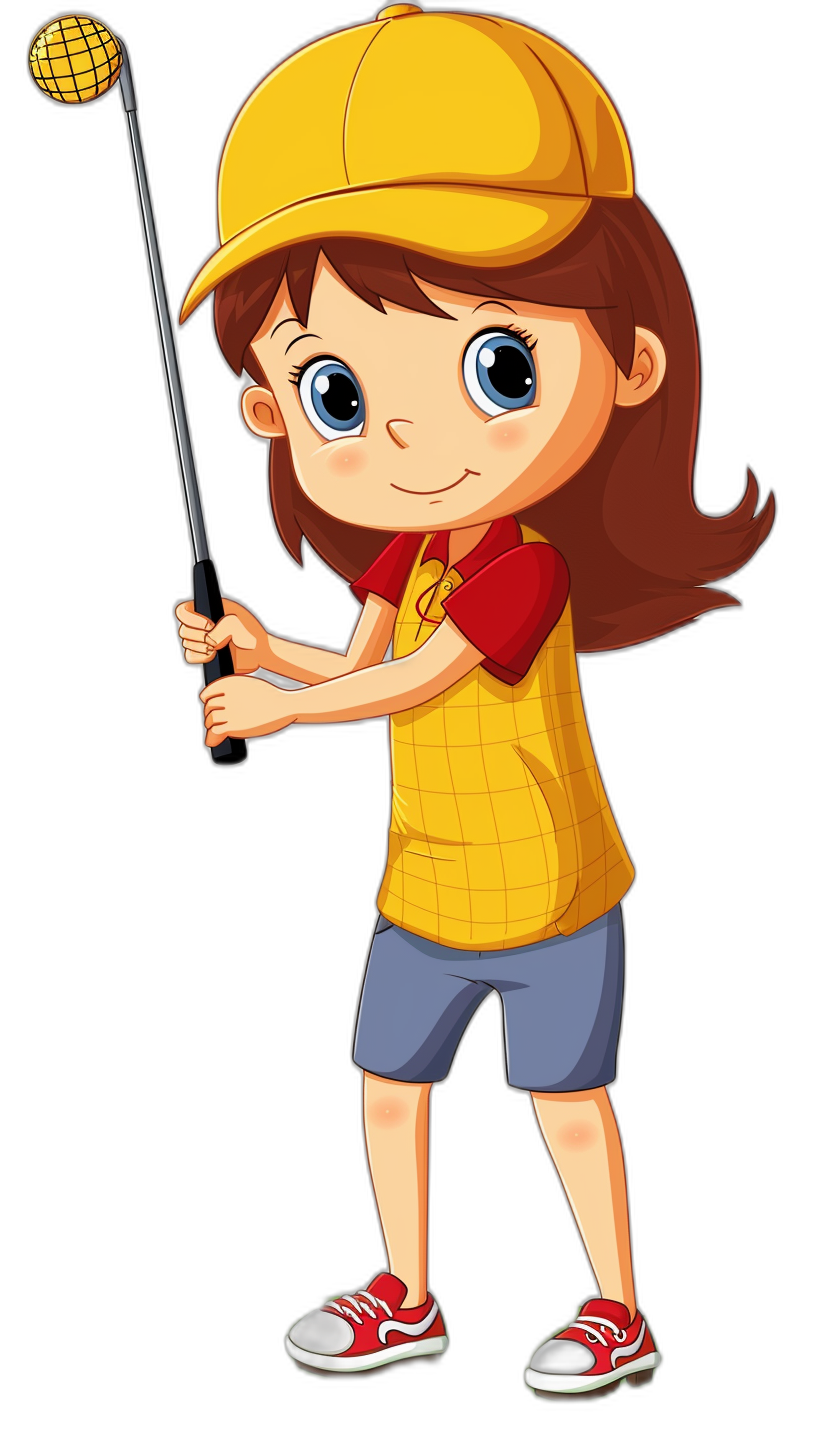 A cute girl playing golf, wearing a yellow cap and red shoes, in the cartoon style, clip art sticker vector flat illustration design with a black background, full body, simple detail, simple colour, no shadow details, no shading, thick lines, vector illustration, 2d, high resolution, 8k, high quality, high definition, high detail, high resolution.