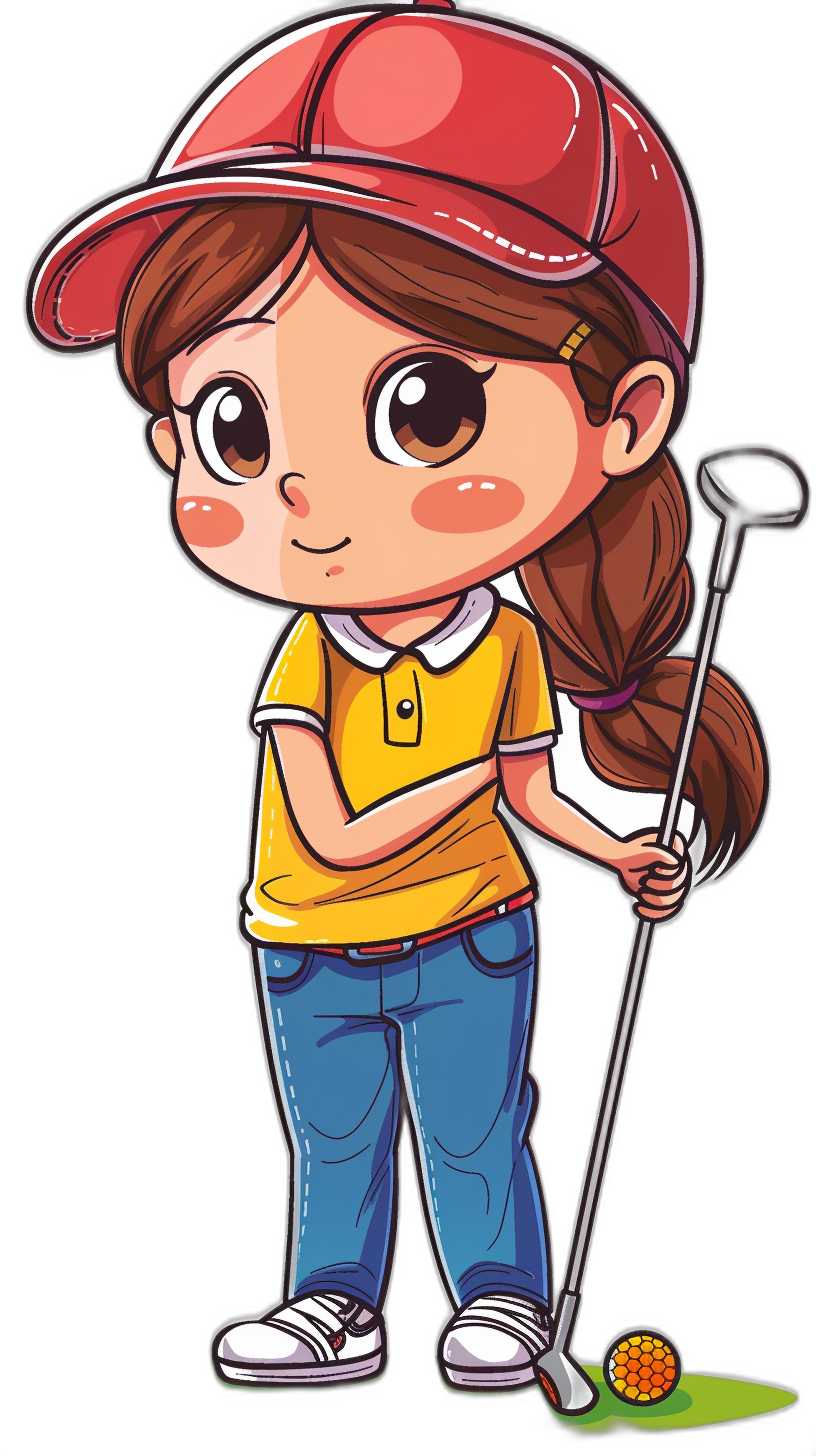 Golfar with a golf club in the style of Sticker Style, a cartoon illustration in the chibi, cute, kawaii style of an adorable girl playing golf, wearing a yellow t-shirt and blue jeans and a red cap on her head, against an isolated black background, vector art suitable for print on demand, sticker design, professional t-shirt screen printing, or professional graphic design.