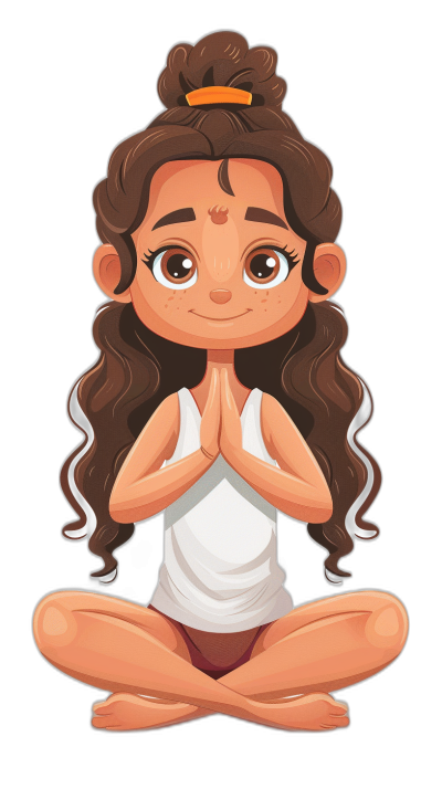 cartoon character of an Indian girl doing yoga, in the vector art style, on a simple black background, in a full body shot, with brown hair and long curly hair, wearing a white tank top, with eyes open in a smiling expression and hands folded in a chest pose