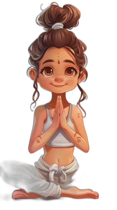 A cute little girl doing yoga in the style of Disney, with a cartoon character that has big eyes and long eyelashes. She has her hair in an updo bun and is wearing a white tank top with gray leggings. She is kneeling on the ground with hands clasped together in prayer against a black background. It is a full body portrait chibi art illustration.