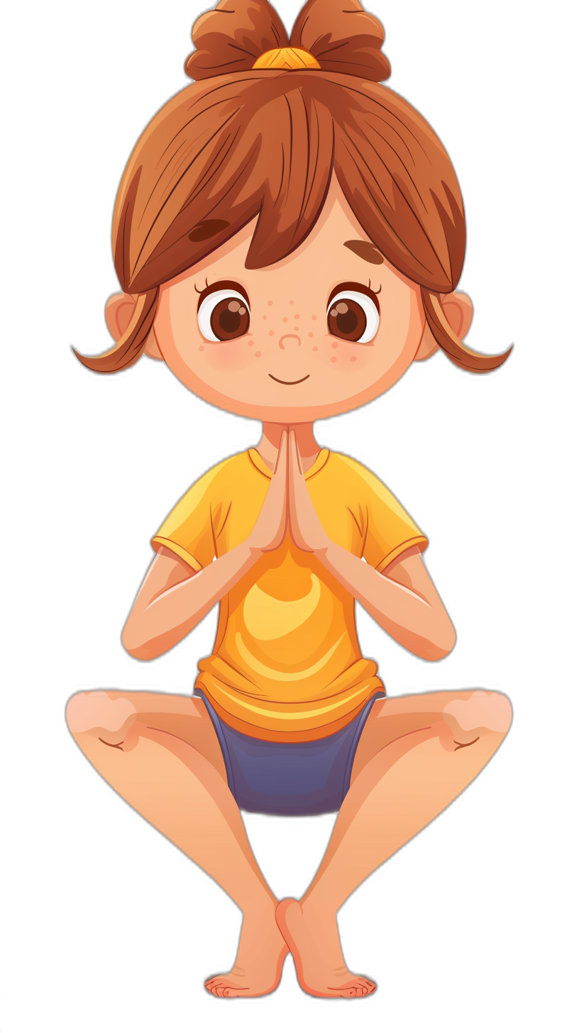 A cute little girl doing yoga, cartoon style, simple lines, black background, flat illustration, full body portrait, bright colors, flat color drawing, cartoon characters, hands clasped together in prayer pose with both feet on the ground and knees slightly bent while sitting down, wearing yellow t-shirt and blue shorts underneath. She has brown hair tied into two buns at her head and big eyes. Her expression is focused as she takes deep breaths for meditation. The overall atmosphere of his whole figure exudes tranquility and focus.,,in