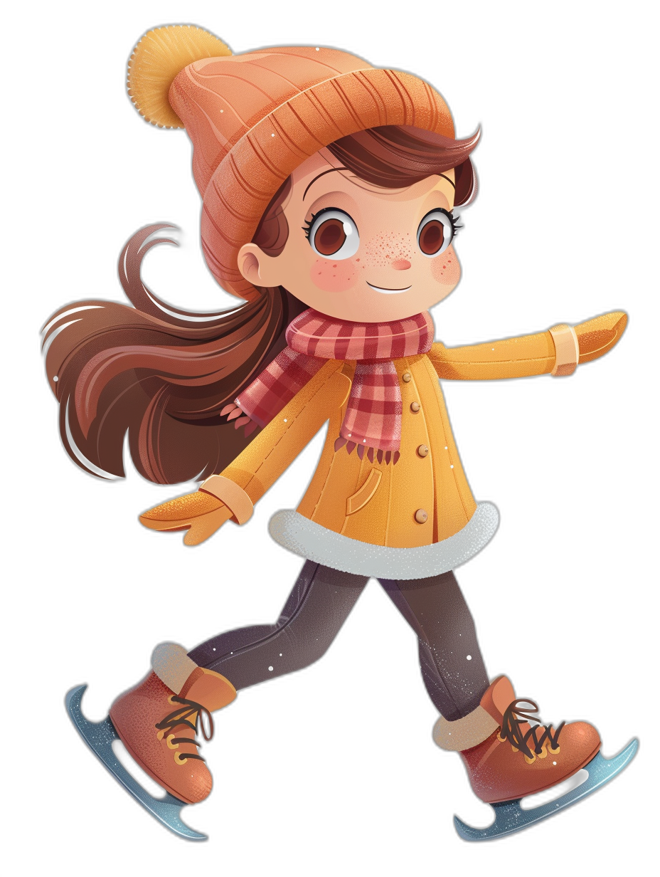 A cute girl skating, full body shot, in a clipart style, isolated on a black background, in the style of Disney Pixar art animation of a charming and adorable character, wearing winter  with a scarf, gloves and hat, holding her ice skates, in a flat color illustration, using soft pastel orange and dark amber tones with subtle red highlights, isometric angle, high resolution, high details, sharp focus, with no blur effect.